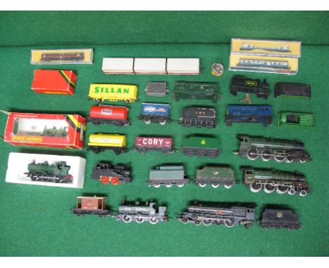 Box of OO gauge model railway locomotives, wagons, body shells, tenders etc to include: Mainline Jubilee, Hornby Half Cab, bo