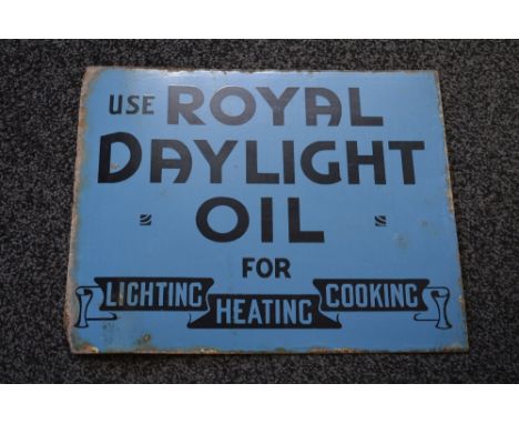 Enamel double sided advertising sign for Use Royal Daylight Oil For Lighting, Heating, Cooking, black letters on a blue groun