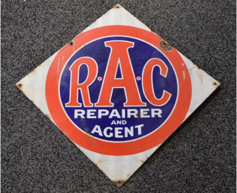 Diamond shaped double sided enamel advertising sign for RAC Repairer And Agent, red and white letters on a red, white and blu