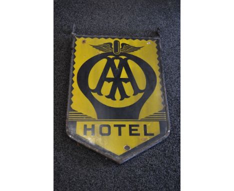 Shield shaped enamel double sided hanging sign for AA Hotel, black AA logo on a yellow ground - 32" x 22" excluding hanging  