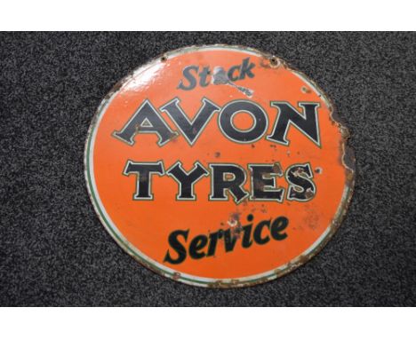 Enamel double sided circular advertising sign for Stock Avon Tyres Service, black letters on an orange ground - 24" in dia