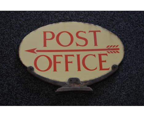 Oval double sided enamel Post Office sign, red letters and arrow on a cream ground - 18" x 12" excluding mounting bracket