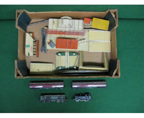 Hornby Dublo, 2 rail Class 20 diesel with plastic body, R Class 0-6-0T, two tin plate maroon suburban coaches and a quantity 