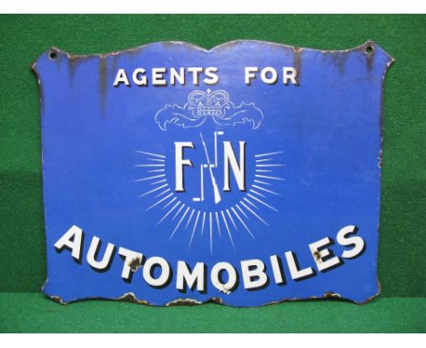Enamel double sided advertising sign for FN Agents for Automobiles, blue, white and black with crown, rifle and bicycle pedal