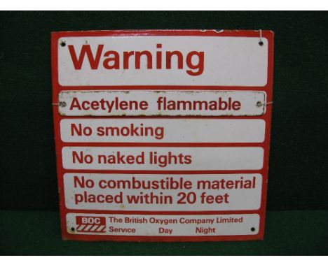 Enamel red and white sign from BOC Warning No Smoking, No Naked Lights, No Combustible Material Placed Within 20ft, with a re