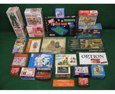 Twenty three old stock boxed games, toys and roller skates in various conditions to include: Fun Driver, Mine Detector, Katie