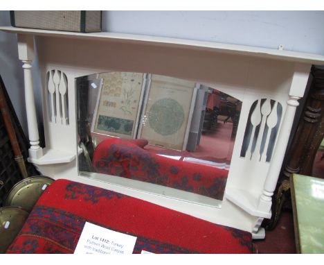 An Early XX Century White Painted Sideboard Top, with a central mirror, turned and block supports, over a shelf.