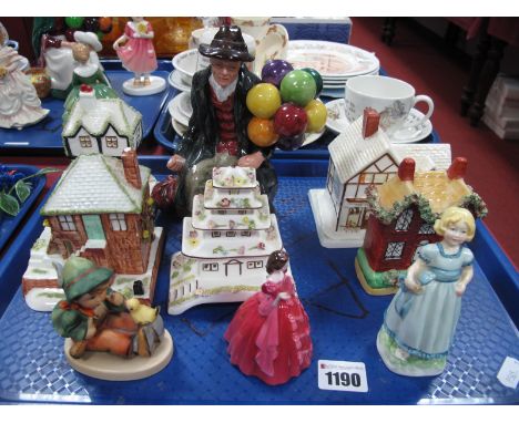 Worcester 'Birthday Girl' (damaged), Coalport 'Harriet' Leonardo Balloon Seller, Hummel boy, four Coalport dwellings, Staffor