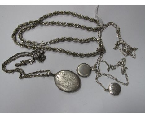A Vintage Oval Locket,allover foliate engraved on fancy link chain, stamped "925"; together with two lockets on chains and a 