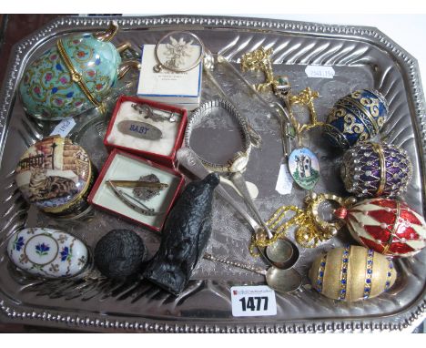 Decorative Egg Trinket Pots, slate and coal ornaments, Chester hallmarked silver "Baby" brooch, Victorian and later brooches,