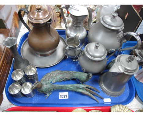 James Dixon Cornish Pewter Three Piece Tea Service, pewter jug, bronzed figure of a peacock etc:- One Tray