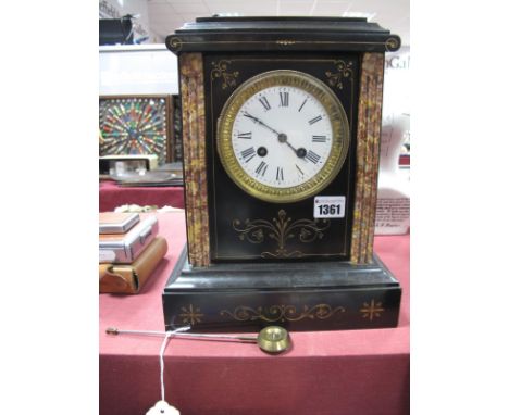 A XIX Century Black Slate Mantel Clock, with a stepped top, circular enamel dial, plinth base with scroll decoration.