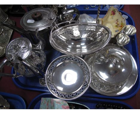 Plated Mounted Glass Butter Dish, dish stand with ceramic dish (one missing), sugar caster, tea pots, modern vase, egg cups e