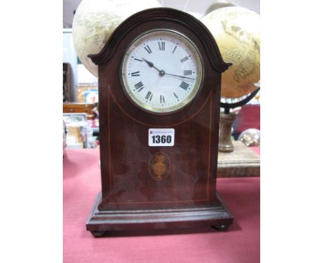 Edwardian Inlaid Mantel Clock, with an arched top, circular dial, stepped base, bun feet.