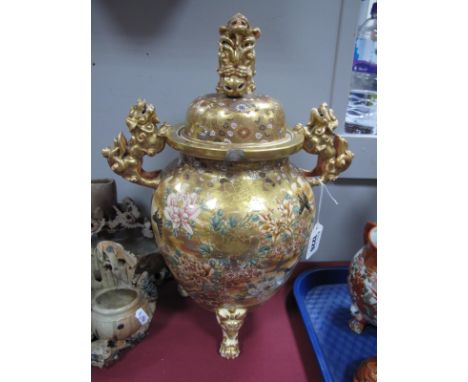 A Late XIX Century Japanese Satsuma Koro and Cover, the footed ovoid body with dog of fo handles and finial to the cover, ela
