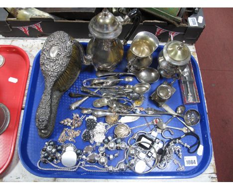 A Plated Three Piece Tea Service, silver backed hair brush, cutlery, jewellery.