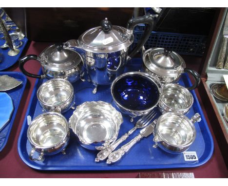 Two Plated Three Piece Tea Sets, hot water pot, decorative knife and fork, etc:- One Tray