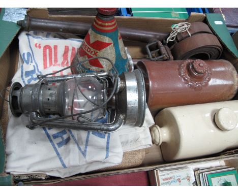 Vintage 'Redex' Advertising Oil Can, stoneware hot water bottles, hurricane lamp, garden sprayer, flour and hessian sacks:- O
