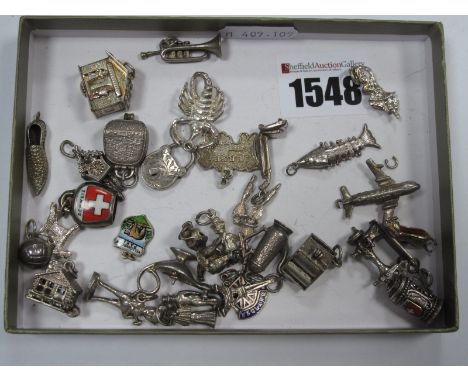 Assorted Novelty Charm Pendants, including oil lamp, cash register, coffee pot, "Comet IV BOAC" plane, cuckoo clock, sewing m