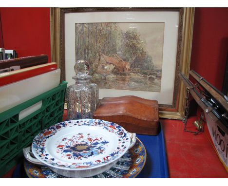 A Victorian Hot Warming Plate, printed and painted floral decoration, lead crystal Whisky decanter, gilt tooled leather clad 