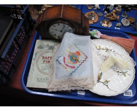 Oak Cased Mantel Clock, with Buren Swiss movement, bird plate, 1920's comb brush, handkerchiefs, cigarette cars:- One Tray