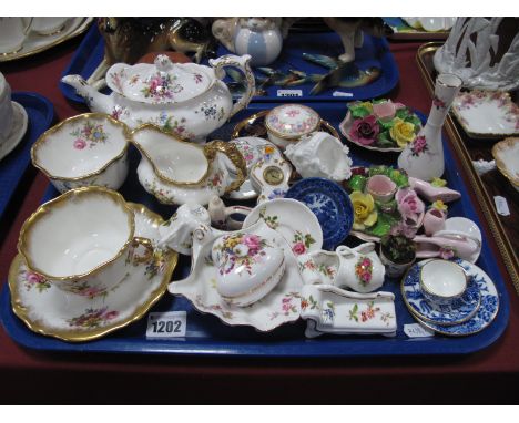 Hammersley Floral China Teapot, teacup and saucer, Denton china candlesticks etc:- One Tray