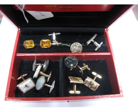 Assorted Gent's Cufflinks, including banded agate inset, "925", etc and a pin, contained in a Lane Crawford Hong Kong trinket