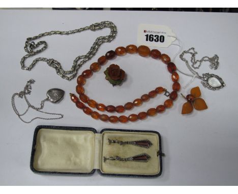 A Faceted Amber Coloured Bead Necklace, decorative necklace, vintage drop earrings, brooches. 