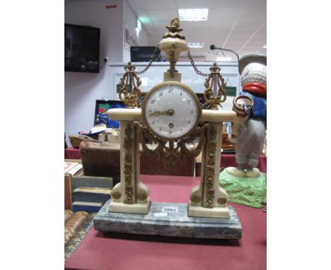 A XIX Century French Gilded Brass Mantel Clock, with a finial top, lyre mounts, enamel dial, (damaged), with swag decoration,