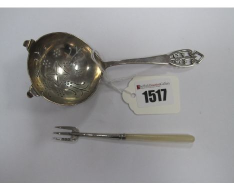 A Hallmarked Silver Sifter Spoon, Sheffield 1948, with pierced handle; a Victorian hallmarked silver and mother of pearl fork