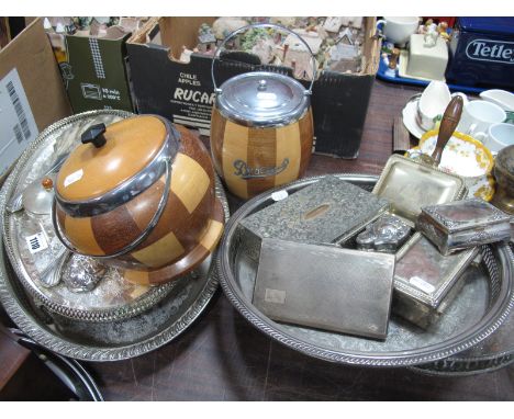 Assorted Plated Ware, including dressing table items, trays, wooden biscuit barrels, cigarette and trinket boxes, engine turn