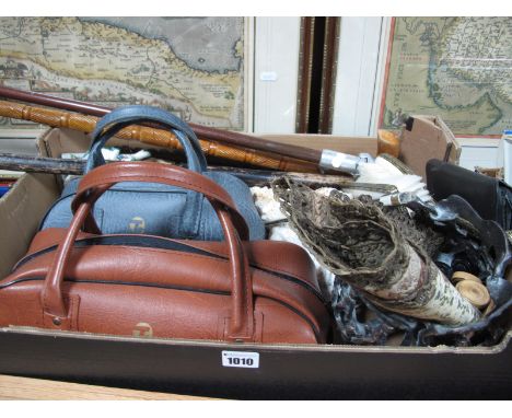 Two Pairs of Green Bowls (cased), conch shell, shooting stick, walking sticks, embroidered  mats etc.