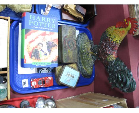 Harry Potter and The Half Blood Prince, J.K. Rowling 2005 limited edition. Cast Iron door stop as a Cockerel, tins etc:- One 