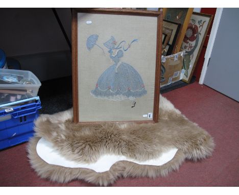 Phoenix Mink Coloured Australian Double Sheepskin Rug,together with a 1930's silk work picture of a crinoline lady, in oak fr