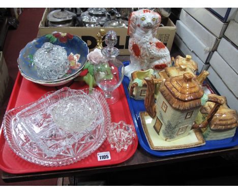 A XIX Century Spaniel, Cottage Ware Tea Service, Royal Doulton bowl, glass dressing table tray:- Two Trays