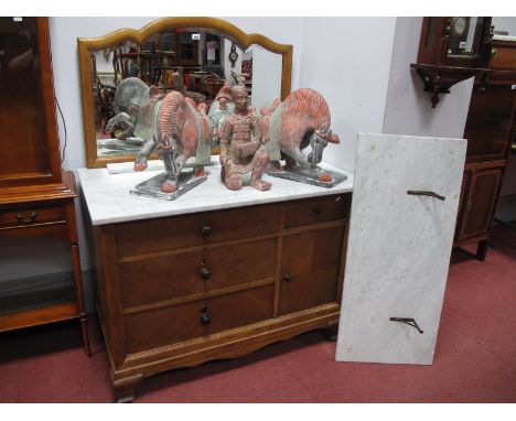 A XX Century Oak Washstand, with a shaped mirror, marble shelf, grey marble top, washstand base, with four drawers and a cupb