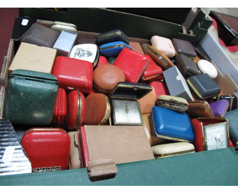 A Collection of Over Thirty Five Travelling Alarm Clock, Westclox, Timemaster, Coral, Trafalgar, smiths, Estyma.
