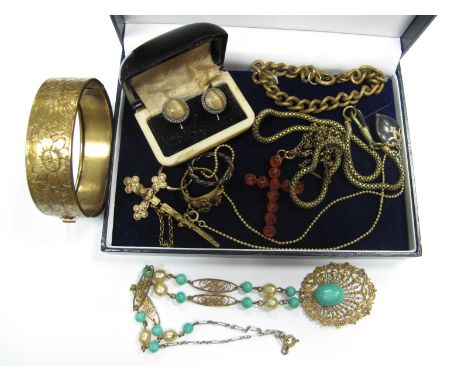 Cross Pendant, earrings, hinged bangle, openwork vintage costume necklace, textured curb link bracelet, etc.