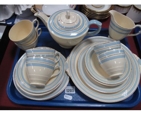 New Hall China Tea Service:- tea cups, saucers, tea pot, cake plate:- One Tray (twenty pieces)