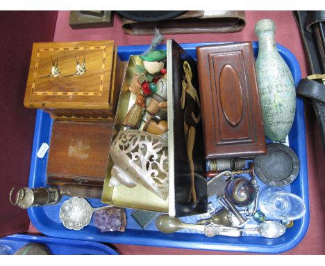 Wooden Boxes, eye bath, miniature miners lamp, W.T. Ford Nottingham 'Virtus' baby's feeding bottle, marbles ets:- One Tray
