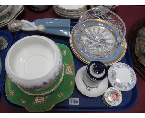 Nao Figure, cut glass bowl, Wedgwood bowl, "Angela" pattern, XIX Century plates etc:- One Tray