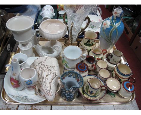 Radford Plate and Bud Vases, Devon ware, Franz porcelain vase, Arthur Wood wall posy etc:- One Tray