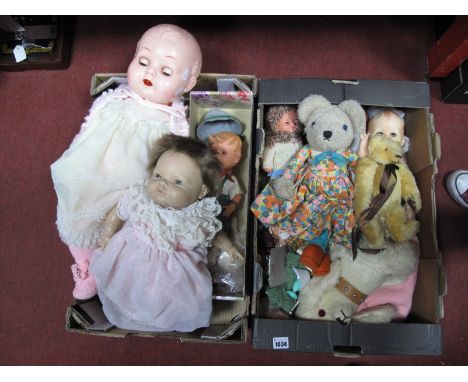 Mid XX Century Plush Poodle Nightdress Case, dolls house furniture, two Goebel dolls, large celluloid doll etc:- Two Boxes