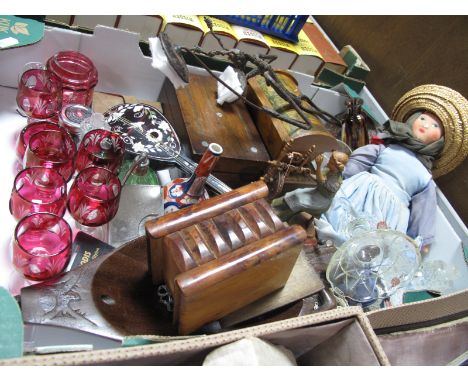 Decorative Wooden Boxes (3), miniature musical string instrument, ornamental woman on a spinning wheel "Made in Bohemia" glas