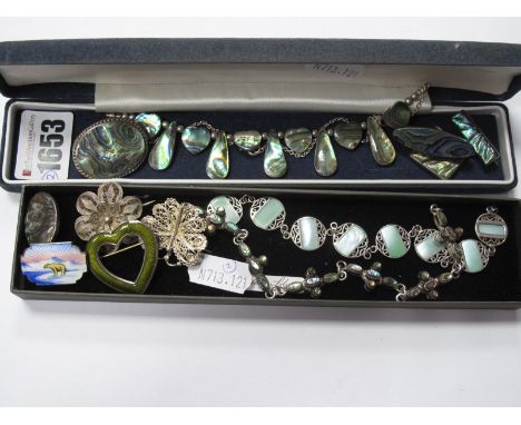 Aksel Holmsen; A Green Enamel Open Heart Brooch, stamped "Norway Sterling 925S"; Ivar Holt enamel brooch, filigree brooches, 
