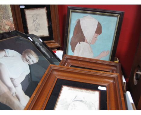 A Set of Four Hardwood Picture Frames, with verre eglomise glass, a pair of 1930's photo frames and an oil study of a young g