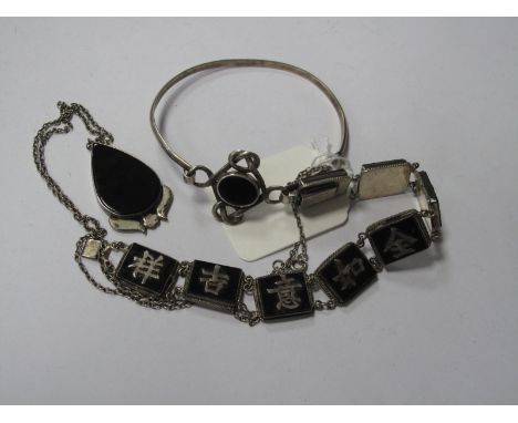 A Chinese Panel Bracelet, each panel with hardstone inset detail, within ropetwist border, stamped "Silver Sterling Made in U