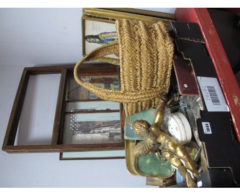 Tape Cassettes, place mats, gilt framed photographs, oil studies, basket, clothes horse, gilt cherubic twin ceiling light, et