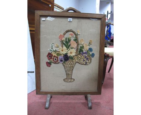 Oak Framed Firescreen, with fabric/felt bouquet inset panel.