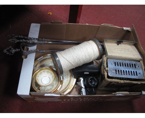 Aynsley Plates, fire irons, Fujica camera ST605N, Magnet toaster, cotton reel with label, (Sir Richard Arkwrights - Masson Mi